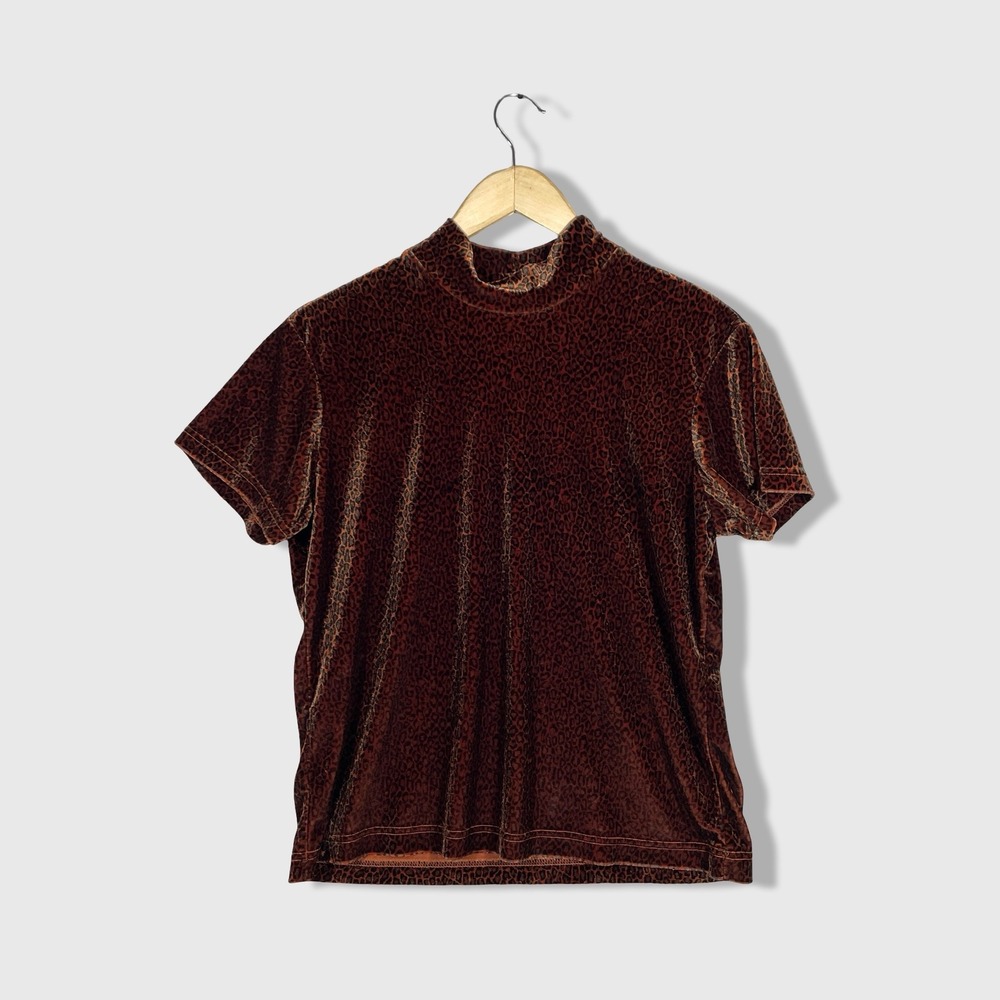 Erika Taylor Mock Neck Top Women Medium Brown Leopard Velvet 90s Y2K Grunge